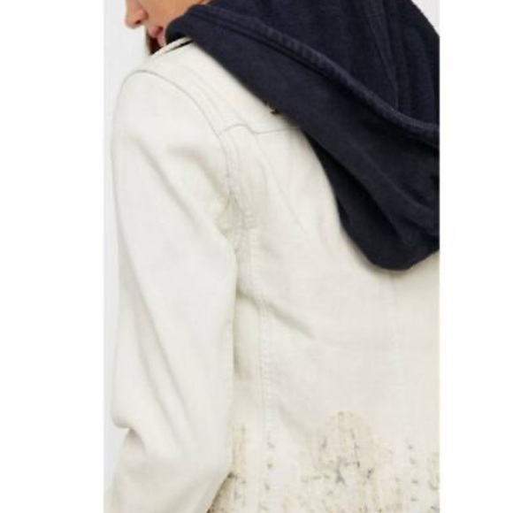 Free People Double Weave Distressed Denim Jacket Fleece Layer With Hood Sz S - Picture 5 of 15
